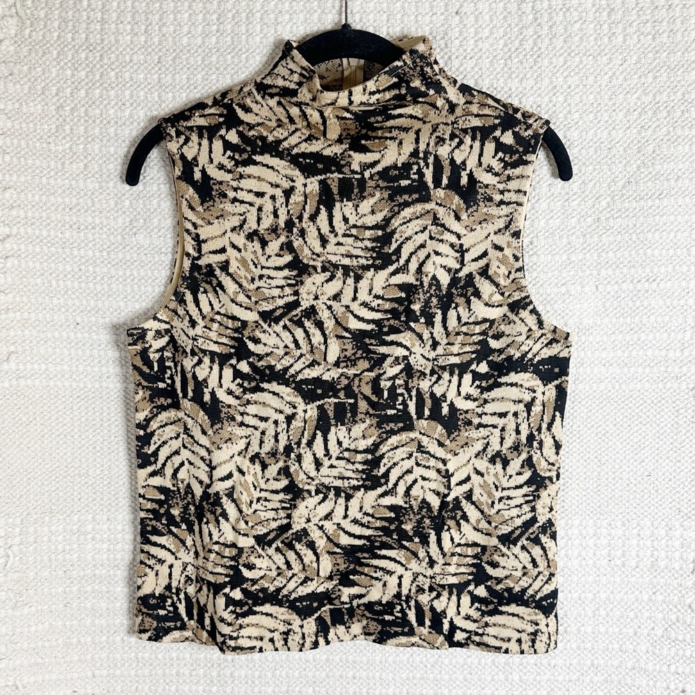 ST. JOHN tan and black tropical print mock neck sleeveless knit top XS